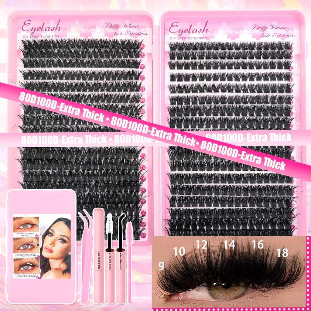 Extra Thick DIY Lash Extension Kit - Fluffy Volume Individual Lashes, Complete Set with Bond & Seal, Applicator & Tweezers