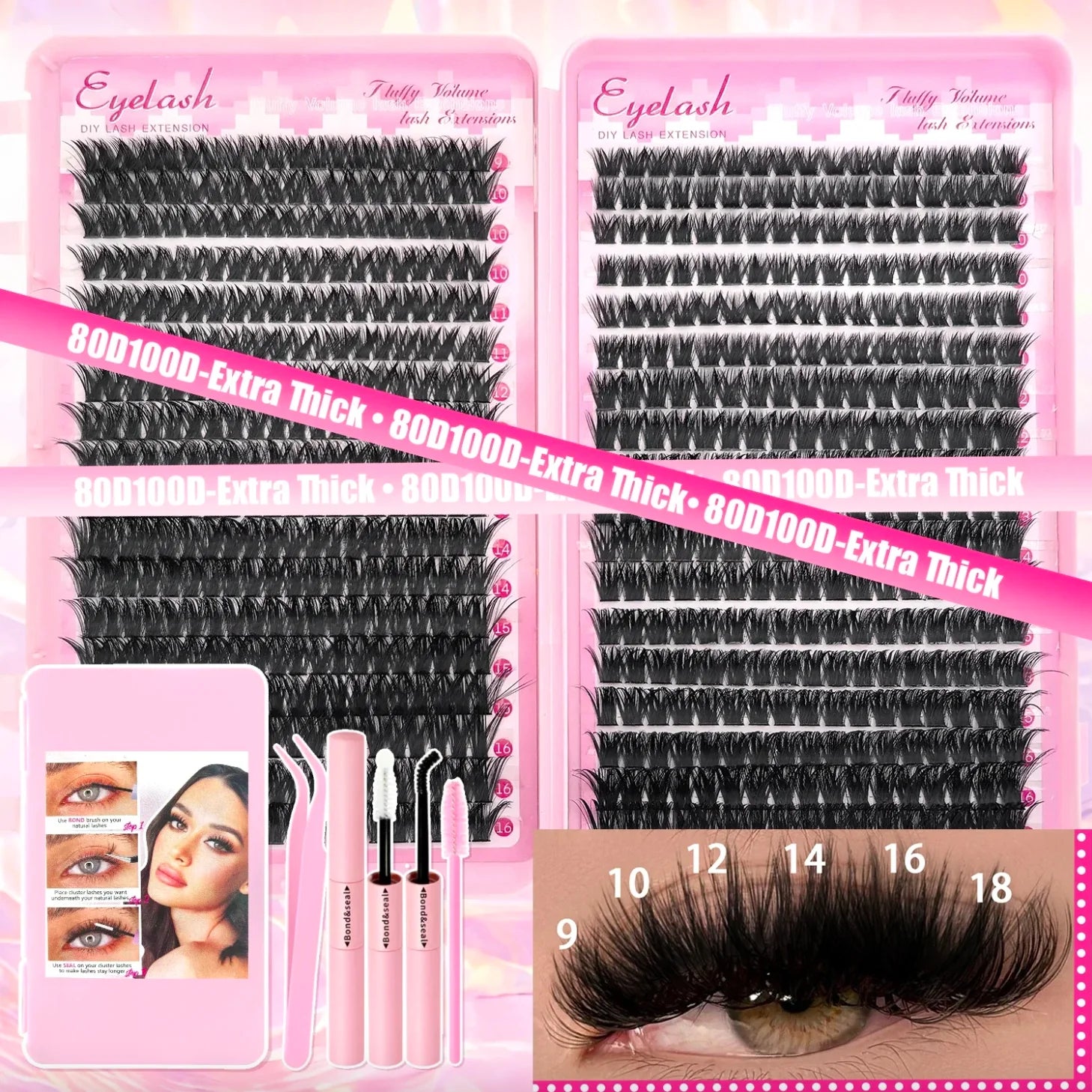 Extra Thick DIY Lash Extension Kit - Fluffy Volume Individual Lashes, Complete Set with Bond & Seal, Applicator & Tweezers